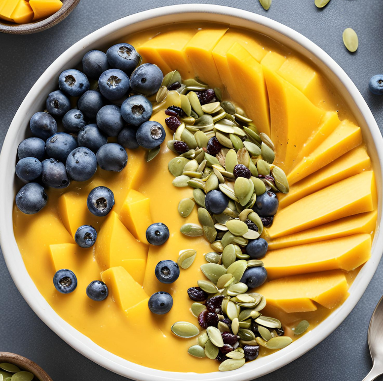 Tropical Delight: Mango and Coconut Smoothie Bowl (Slimming Friendly) This recipe creates a refreshing and vibrant smoothie bowl that's perfect for a light breakfast or a satisfying snack. It's packed with tropical flavors and follows Slimming guidelines. Craving a taste of the tropics? Look no further than this Mango and Coconut Smoothie Bowl! This recipe is a delightful blend of creamy coconut yogurt, sweet mango, and fresh blueberries, all coming together in a visually stunning and satisfying bowl. It's perfect for those following the Slimming World plan, offering a light and healthy breakfast or a delicious afternoon snack. Ingredients: 1 pot (115g) Greek yogurt with coconut and vanilla flavor (choose a fat-free or low-fat option) 150g frozen mango chunks Small handful of fresh blueberries ½ fresh mango, pitted and thinly sliced (or use pre-cut frozen mango) 1 tablespoon pumpkin seeds Instructions: Blend it Up: Combine the yogurt and frozen mango in a blender or food processor. Blend until smooth and creamy. Bowl Beautiful: Pour the blended mixture into a bowl. Berry Blast: Scatter the fresh blueberries over the smoothie base. Tropical Toppings: Arrange the sliced mango and pumpkin seeds on top for a visually appealing and delicious finish. Tips: For extra thickening, add a tablespoon of rolled oats or chia seeds to the blender with the yogurt and mango. If you don't have fresh blueberries, you can use other berries like raspberries or strawberries. Toasted pumpkin seeds add a nice nutty crunch. Toast them in a dry pan over medium heat for a few minutes, watching closely to avoid burning. Feel free to experiment with other toppings! Chopped nuts, shredded coconut, or a drizzle of honey (use sparingly in Slimming ) can add variety.