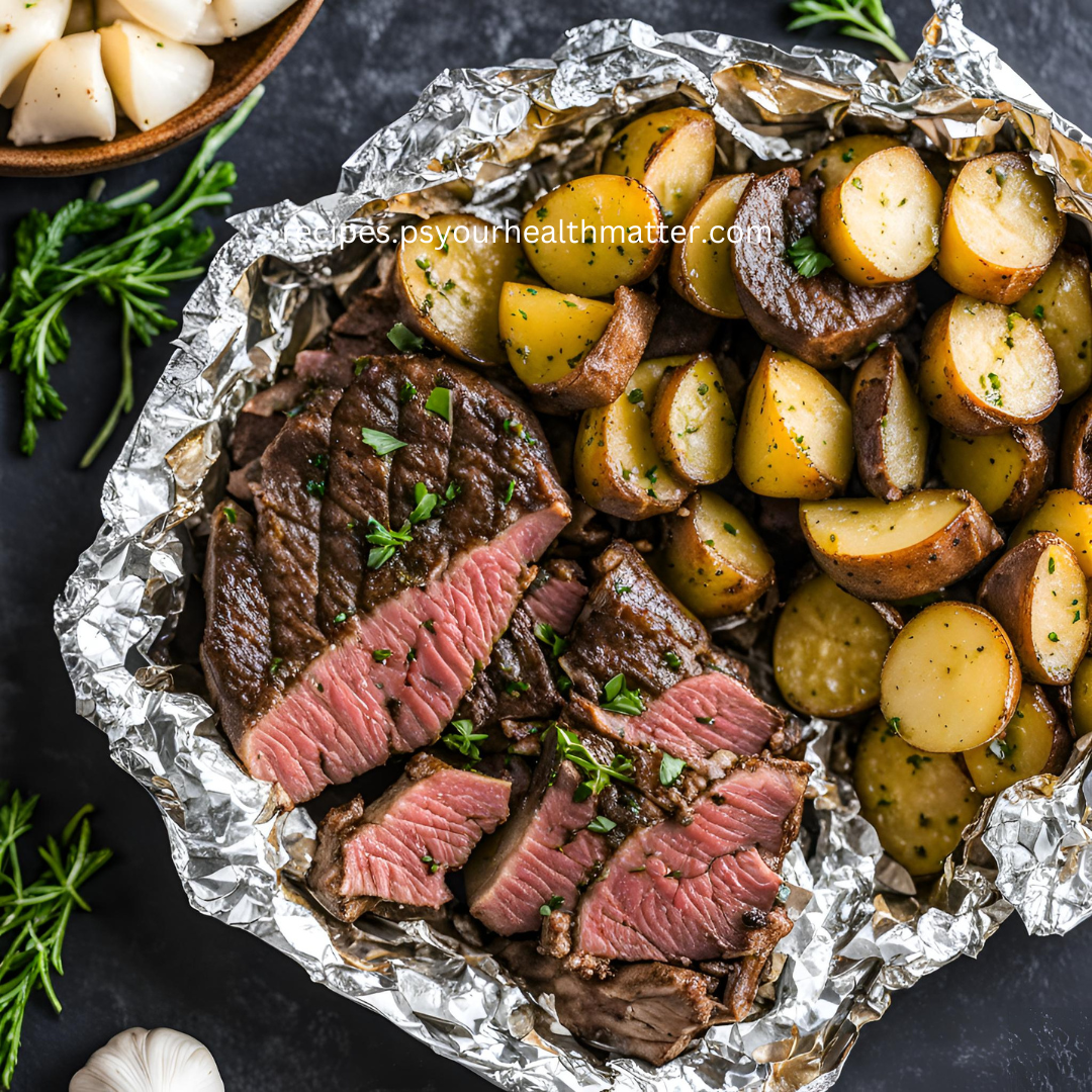 Delicious Air Fryer Steak and Potato Packets This recipe creates perfectly cooked steak and tender potatoes in a convenient foil packet, ideal for the air fryer. Ingredients: 1.5 pounds sirloin steak (or your preferred cut) 1 pound baby potatoes, halved or quartered 1 onion, thinly sliced 1 tablespoon olive oil 2 tablespoons chopped fresh parsley 1 tablespoon minced garlic (adjust to taste) 1 tablespoon Italian seasoning Salt and pepper to taste 2 tablespoons butter, cubed Instructions: Prep the Potatoes (Optional): For faster cook time in the air fryer, consider par-boiling the potatoes. Boil them in salted water for 5 minutes, then drain and cool slightly. Assemble the Packets: Cut the steak into bite-sized pieces (adjust size based on desired doneness). In a large bowl, combine steak, potatoes (if par-boiled), onion, olive oil, parsley, garlic, Italian seasoning, salt, and pepper. Toss well. Create the Packets: Prepare 4 sheets of aluminum foil, at least 12x12 inches each. Divide the steak and potato mixture evenly between the foil sheets. Top each packet with cubed butter. Cooking Options: Air Fryer: Preheat your air fryer to 400°F (204°C). Place the foil packets in the basket and cook for approximately 20 minutes, or until the steak reaches your desired doneness and potatoes are tender. Use a meat thermometer to check for doneness after 15 minutes, adjusting cooking time as needed. Grill: Heat your grill to high. Place the packets directly on the grill for 8-10 minutes per side, or until potatoes are tender and steak is cooked through. Tips: Cooking times may vary depending on the thickness of your steak, the type of air fryer, and the heat of your grill. Use an air fryer thermometer to monitor the internal temperature of the steak for perfect doneness. For a bit of char on the steak, carefully open the packets after air frying and broil for 1-2 minutes at the end. Be cautious when opening the packets, as hot steam and juices will be released. Enjoy this flavorful and convenient steak and potato meal made in the air fryer!