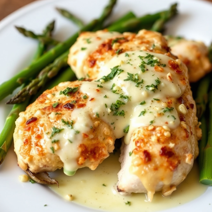 Caesar Chicken and Asparagus This recipe for Caesar Chicken and Asparagus is a quick and easy weeknight dinner that's packed with flavor. Juicy chicken breasts are smothered in creamy Caesar dressing and Parmesan cheese, then roasted alongside tender asparagus spears for a satisfying and healthy meal.